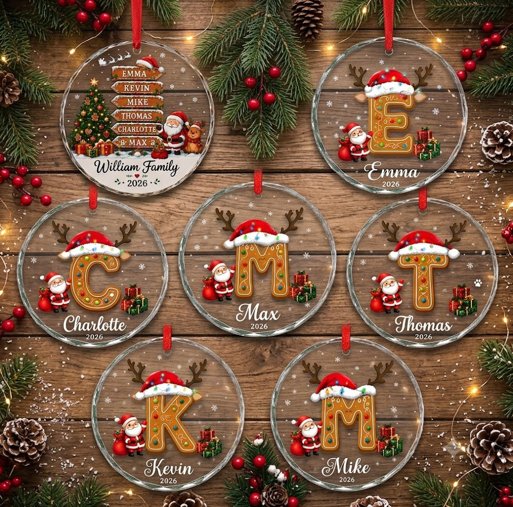 Family Name Sign Including Pet - Init Letter Cookie Style Xmas 2026 - Glass Ornament Set 3-8 Pieces
