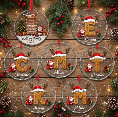 Family Name Sign Including Pet - Init Letter Cookie Style Xmas 2026 - Glass Ornament Set 3-8 Pieces