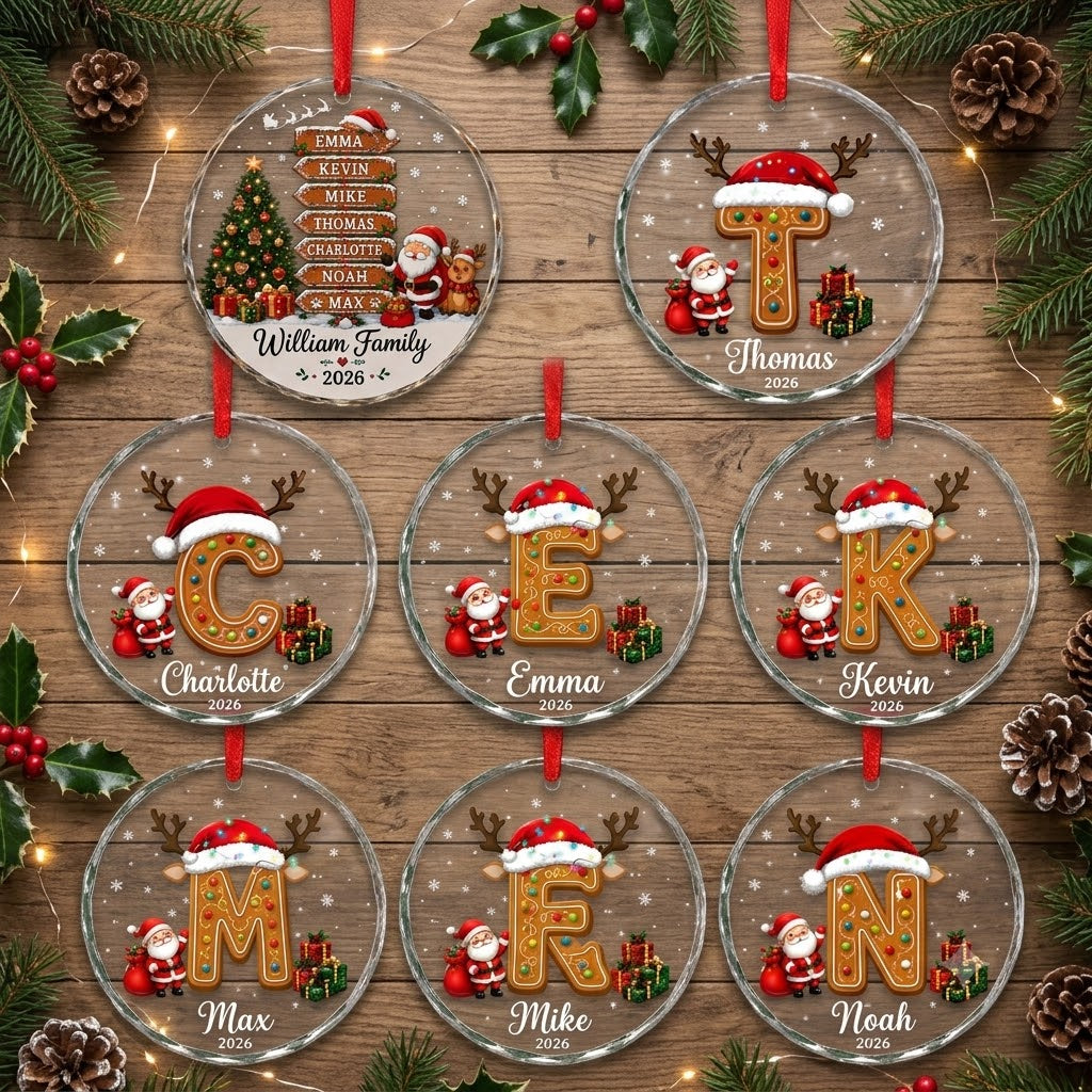Family Name Sign Including Pet - Init Letter Cookie Style Xmas 2026 - Glass Ornament Set 3-8 Pieces