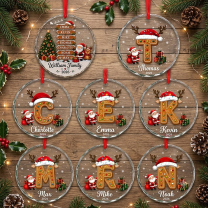 Family Name Sign Including Pet - Init Letter Cookie Style Xmas 2026 - Glass Ornament Set 3-8 Pieces