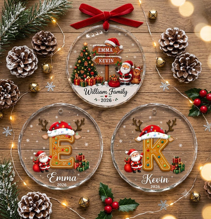 Family Name Sign Including Pet - Init Letter Cookie Style Xmas 2026 - Glass Ornament Set 3-8 Pieces