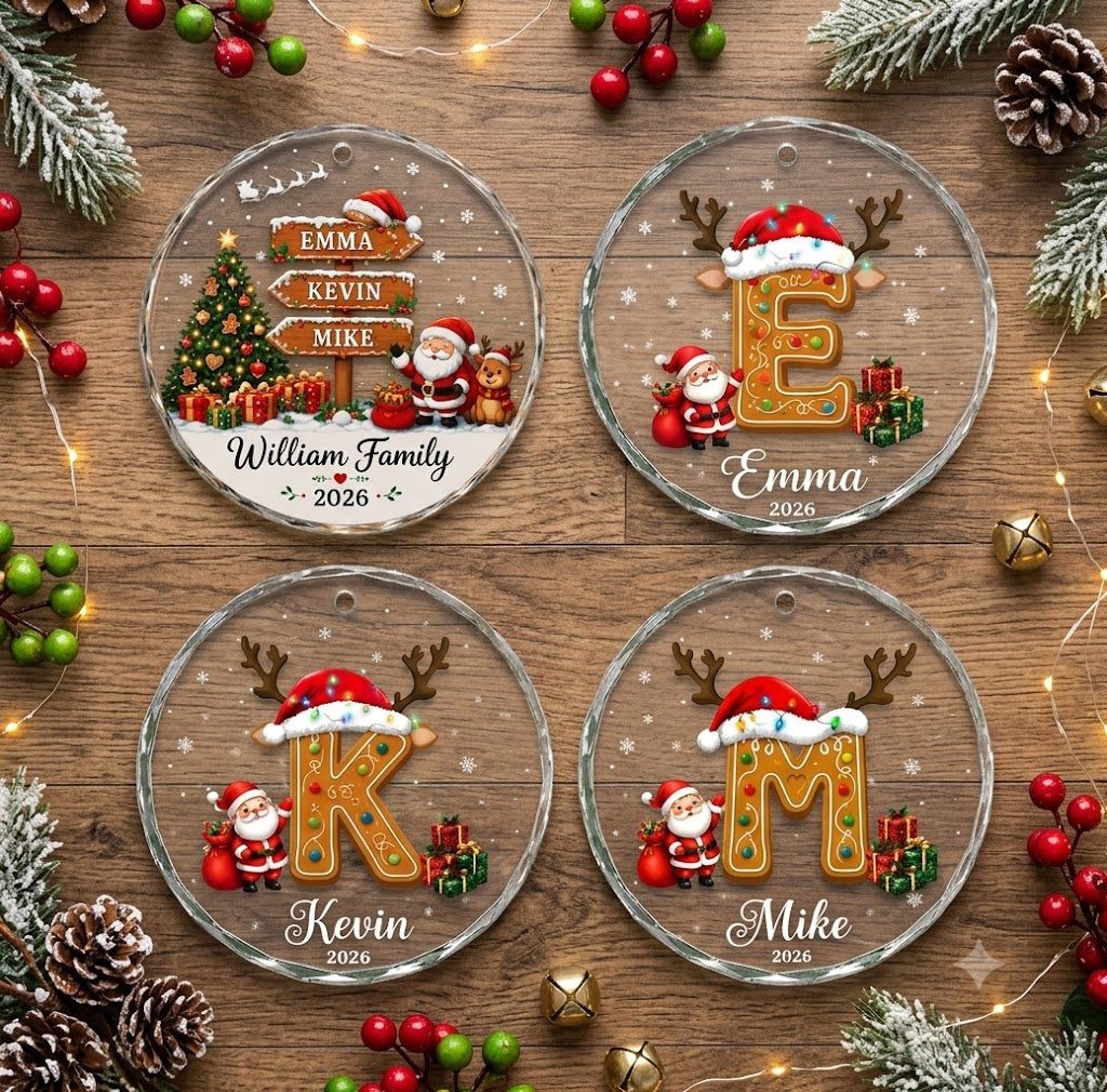 Family Name Sign Including Pet - Init Letter Cookie Style Xmas 2026 - Glass Ornament Set 3-8 Pieces