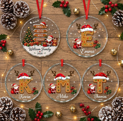 Family Name Sign Including Pet - Init Letter Cookie Style Xmas 2026 - Glass Ornament Set 3-8 Pieces