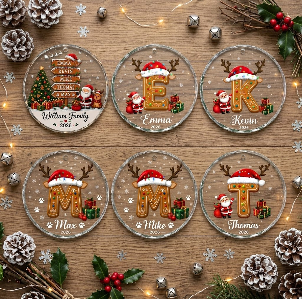 Family Name Sign Including Pet - Init Letter Cookie Style Xmas 2026 - Glass Ornament Set 3-8 Pieces