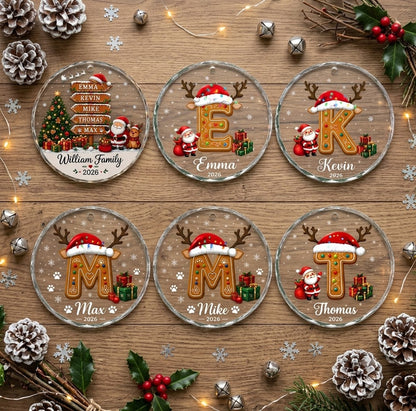 Family Name Sign Including Pet - Init Letter Cookie Style Xmas 2026 - Glass Ornament Set 3-8 Pieces