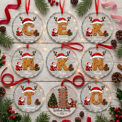 Family Name Sign Including Pet - Init Letter Cookie Style Xmas 2026 - Glass Ornament Set 3-8 Pieces