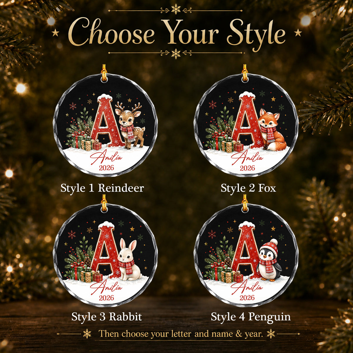 Personalized Glass Christmas Ornament, Custom Initial Name & Year, Woodland Animal Keepsake