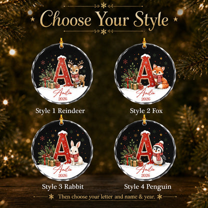 Personalized Glass Christmas Ornament, Custom Initial Name & Year, Woodland Animal Keepsake