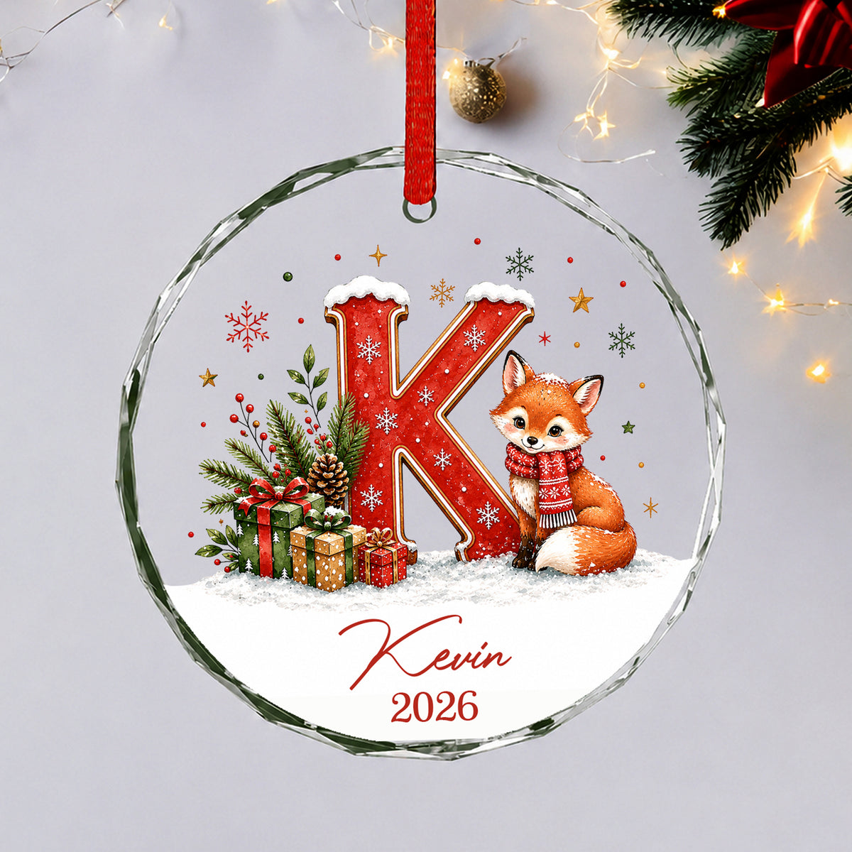 Personalized Glass Christmas Ornament, Custom Initial Name & Year, Woodland Animal Keepsake