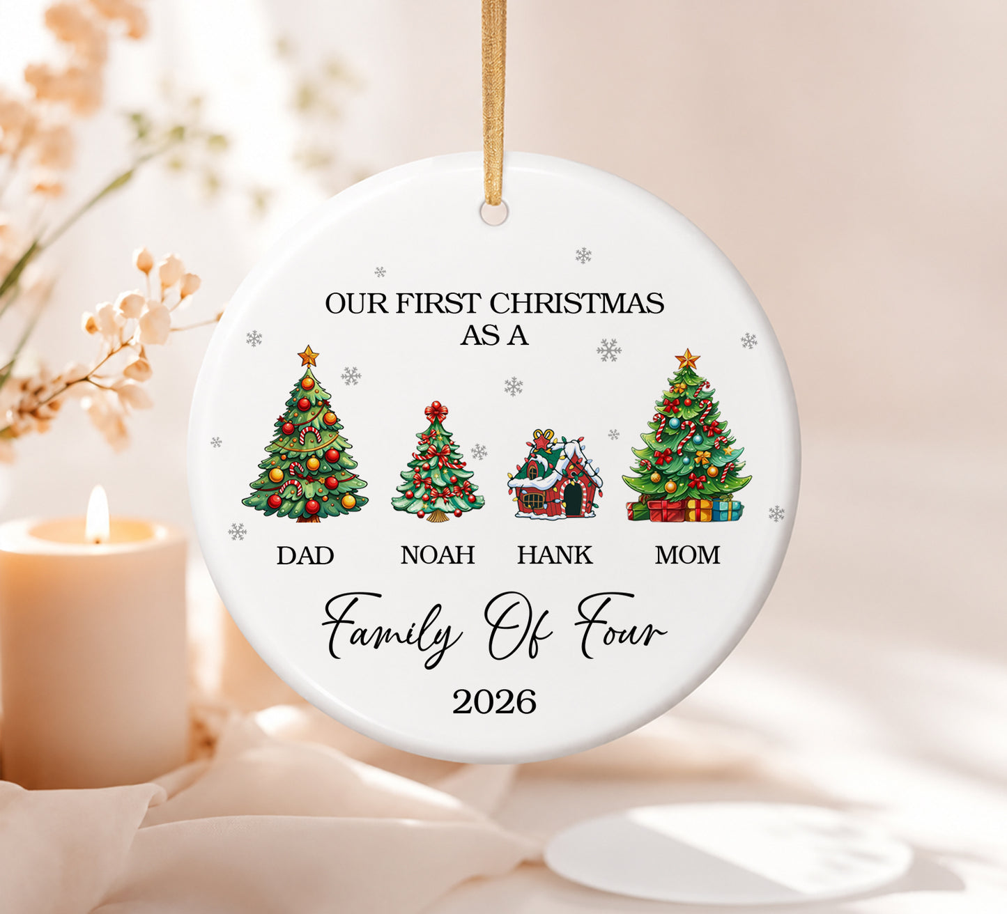 Our 1st Christmas Family Of Four Ornament - Pine Tree Pattern Custom Name Ceramic Ornament 2026