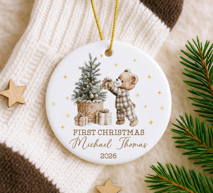 Baby 1st Christmas Bear Gift Ornament - Custom Name Ceramic Ornament 2026