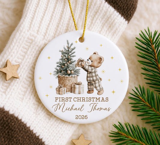 Baby 1st Christmas Bear Gift Ornament - Custom Name Ceramic Ornament 2026