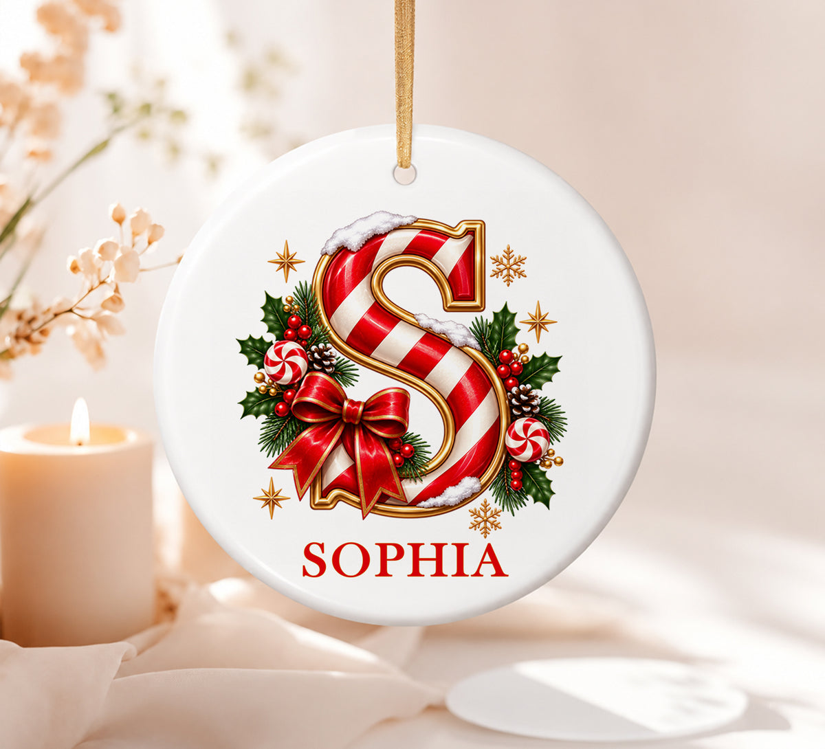 Personalized Candy Cane Initial Ornament, Custom Name Christmas Keepsake (3 Inch Glass)