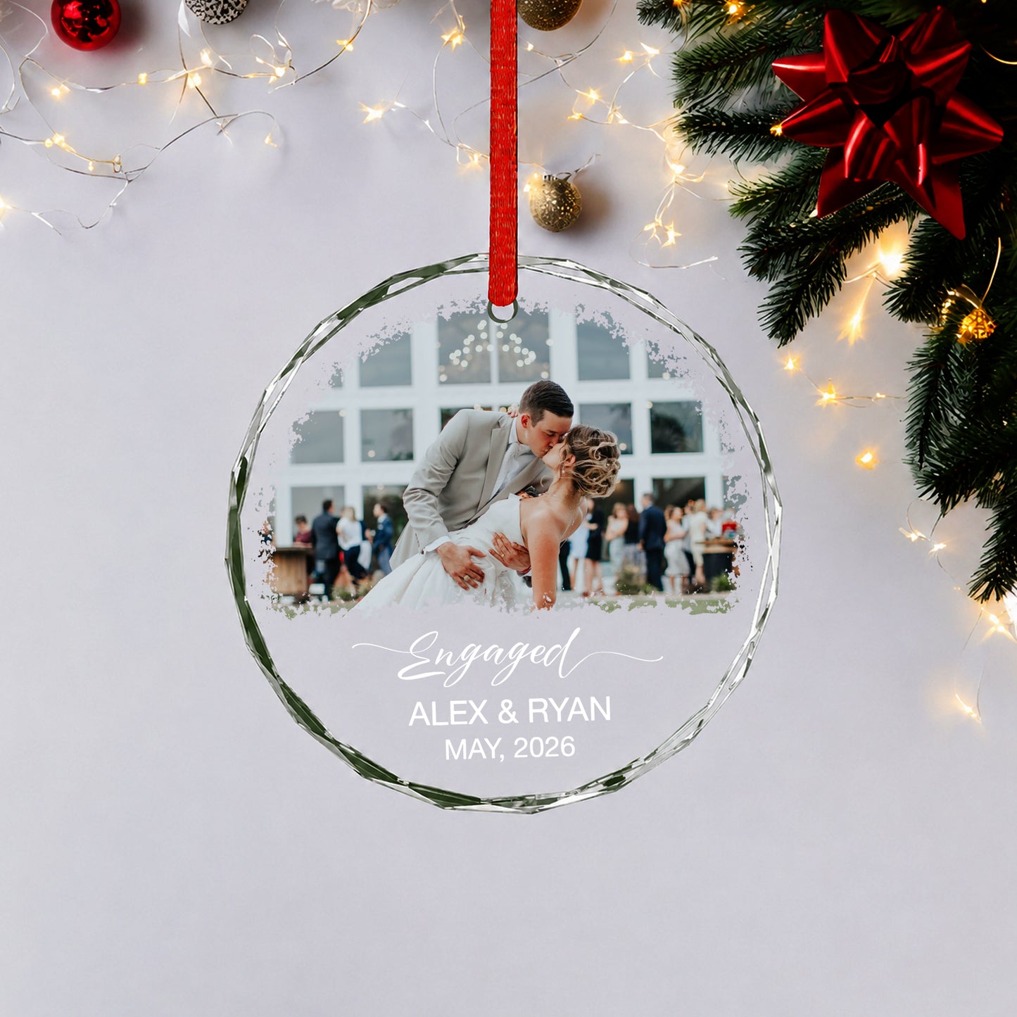 Engaged Custom Name Date  Image Glass Ornament 2026 Xmas