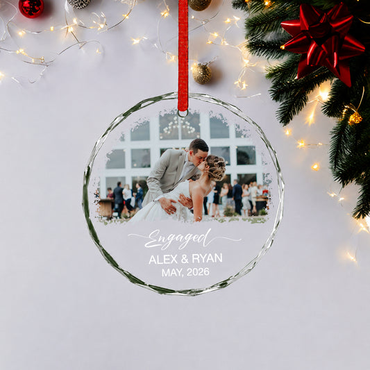 Engaged Custom Name Date  Image Glass Ornament 2026 Xmas