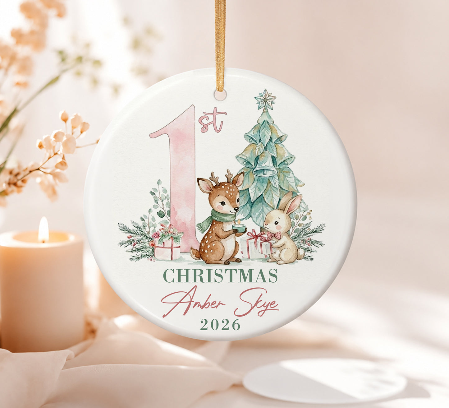 Baby 1st Christmas Ornament - Deer & Rabbit Custom Name Ceramic Ornament 2026