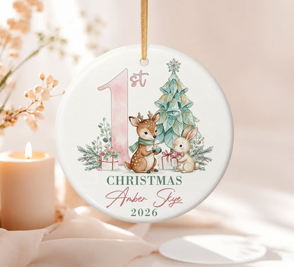 Baby 1st Christmas Ornament - Deer & Rabbit Custom Name Ceramic Ornament 2026