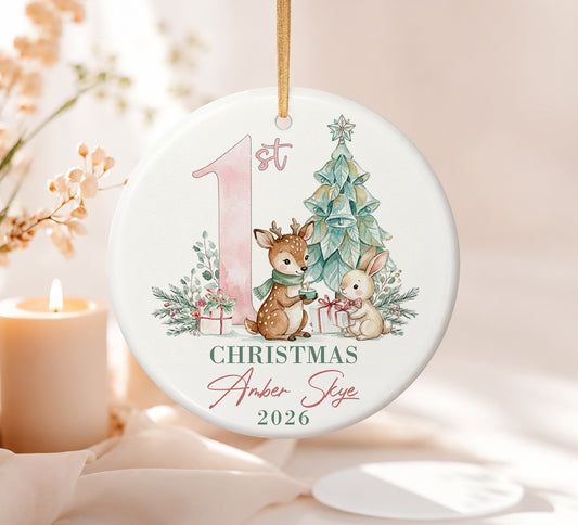 Baby 1st Christmas Ornament - Deer & Rabbit Custom Name Ceramic Ornament 2026