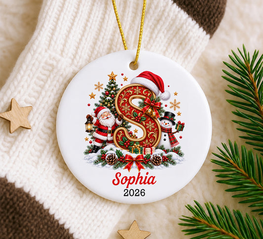 Personalized Christmas Letter A Ornament 2026, Monogram Initial Ceramic Ornament, Vintage Santa Snowman Holiday Tree Decoration