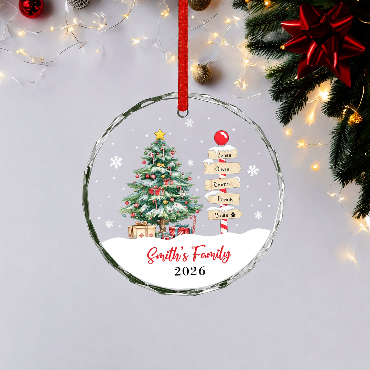 Custom Image Name Pine Tree Glass Xmas Ornament 2026