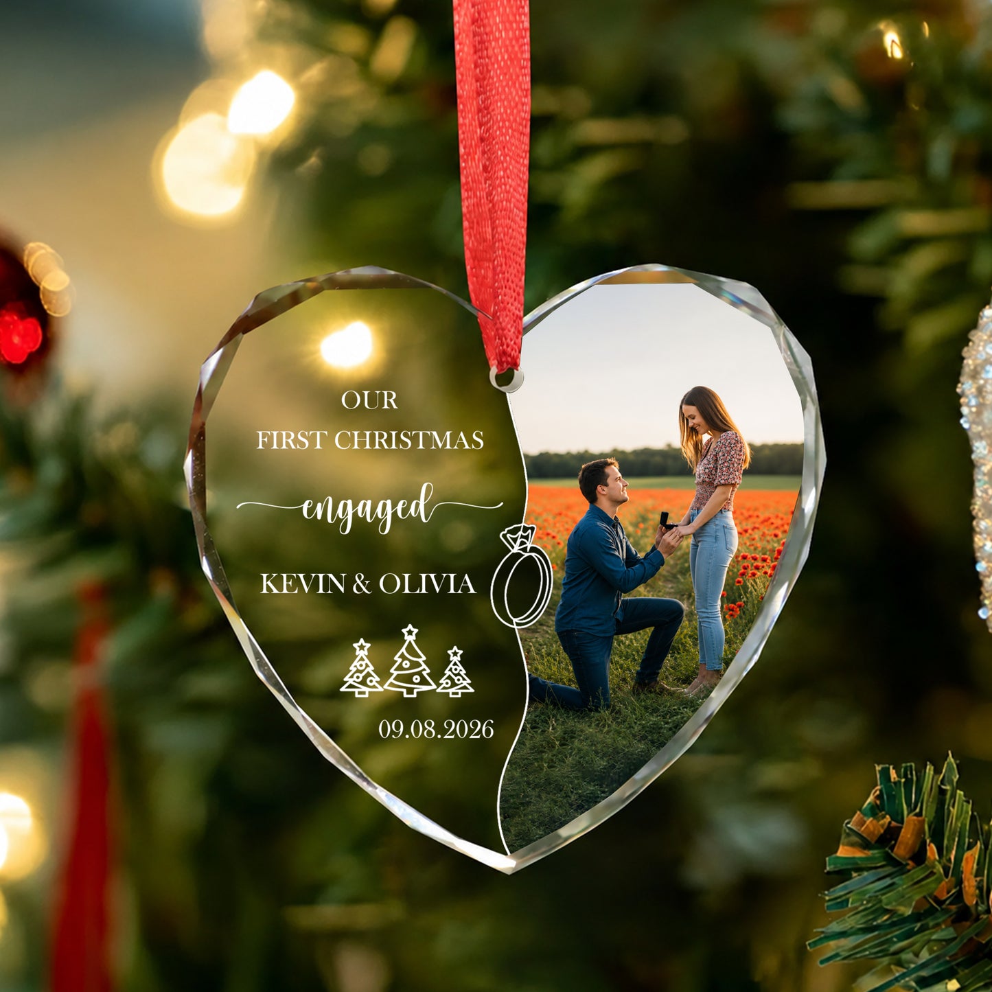 Engaged Custom Image Name Glass Ornament 2026 Xmas