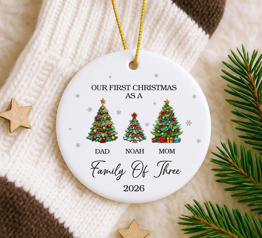 Our 1st Christmas Family Of Three Ornament - Pine Tree Pattern Custom Name Ceramic Ornament 2026
