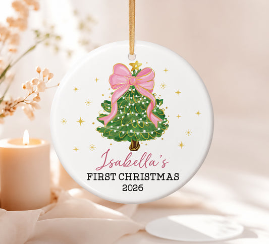 Baby 1st Christmas Pine Tree Girl Ornament - Custom Name Ceramic Ornament 2026