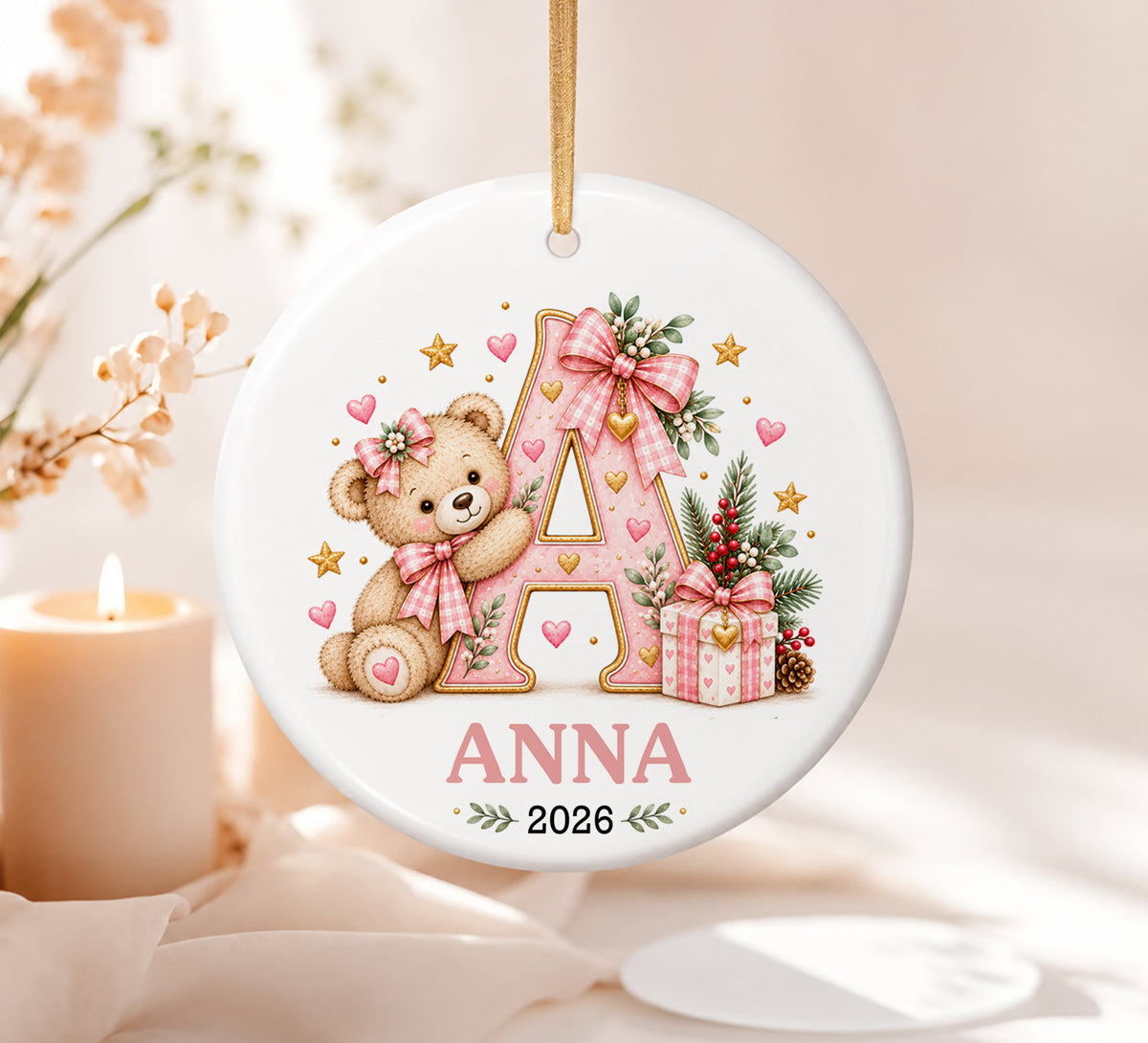 Personalized Teddy Bear Initial Ornament, Custom Name and Year Christmas Keepsake, Baby First Christmas Gift, Kids Holiday Ornament