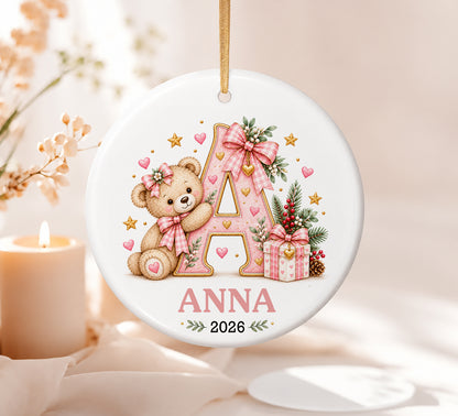 Personalized Teddy Bear Initial Ornament, Custom Name and Year Christmas Keepsake, Baby First Christmas Gift, Kids Holiday Ornament