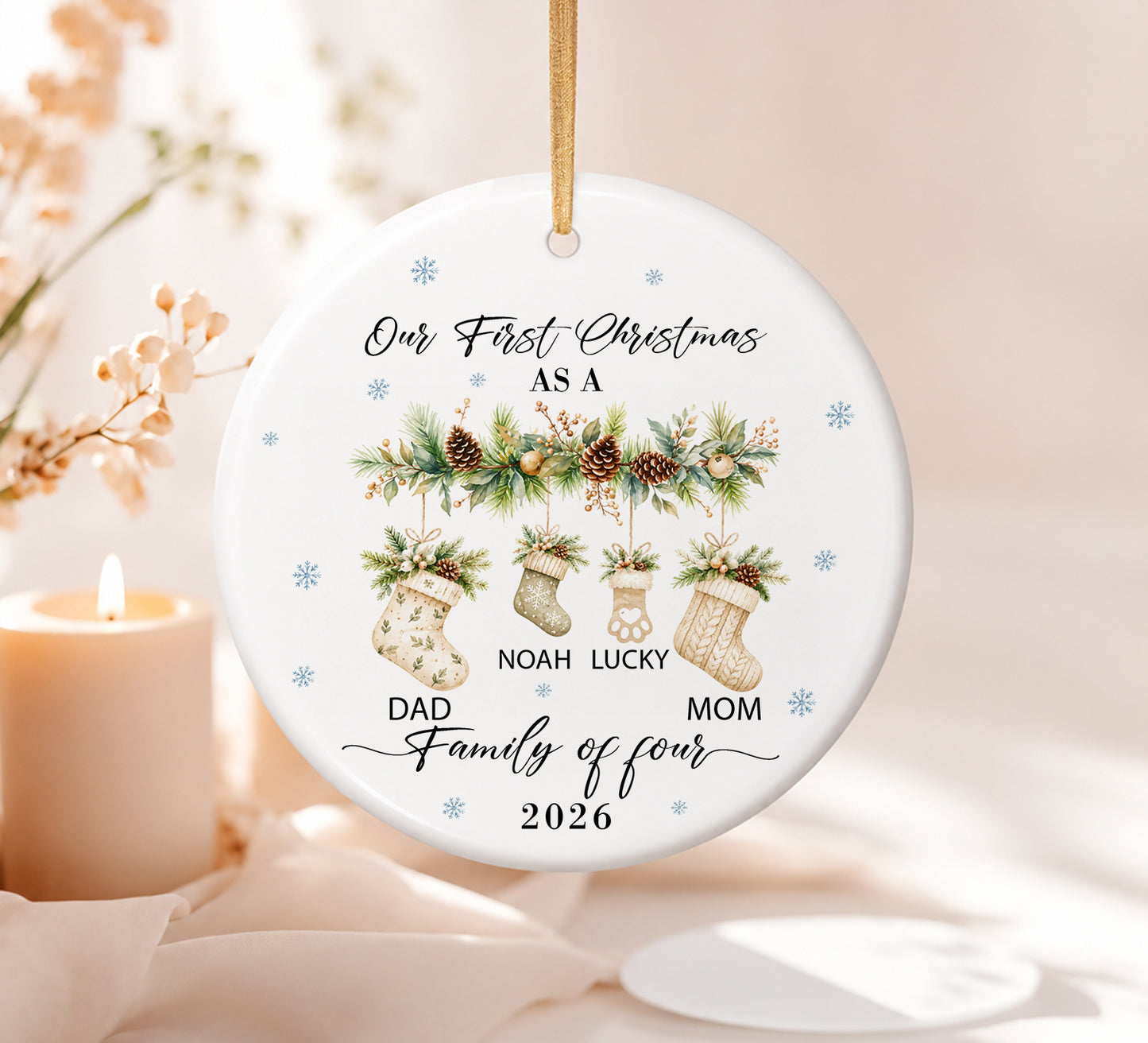 Our 1st Christmas Family Of Four Ornament - Sock Pattern Custom Name Ceramic Ornament 2026