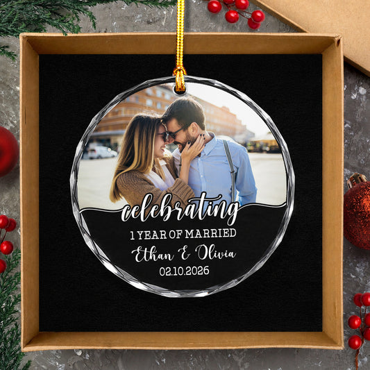Celebrating 1 Year Anniversary Custom Name Image Glass Xmas Ornament 2026