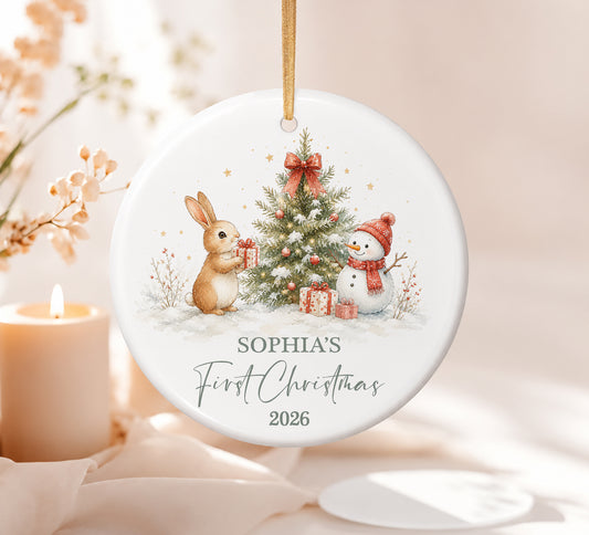 Baby 1st Christmas Rabbit & Snowman Ornament - Custom Name Ceramic Ornament 2026