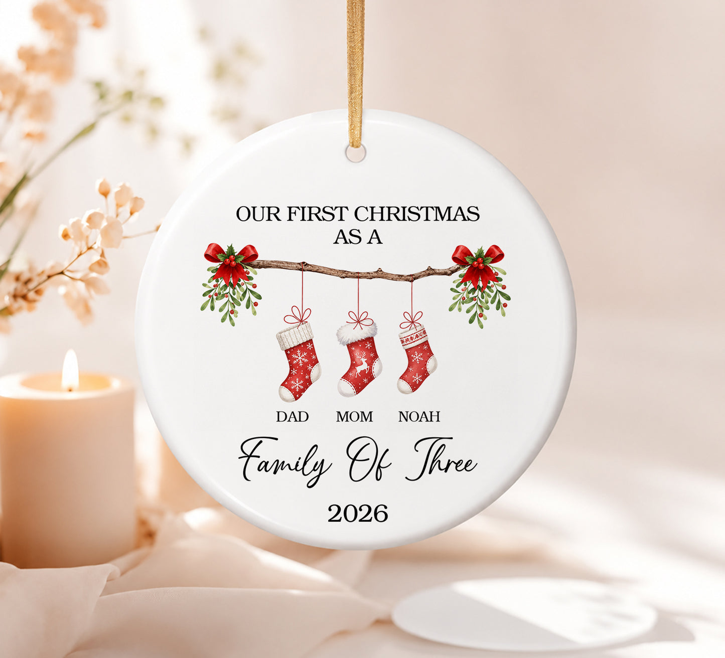 Family Of Three 1st Christmas - Ceramic Ornament 2026 Xmas
