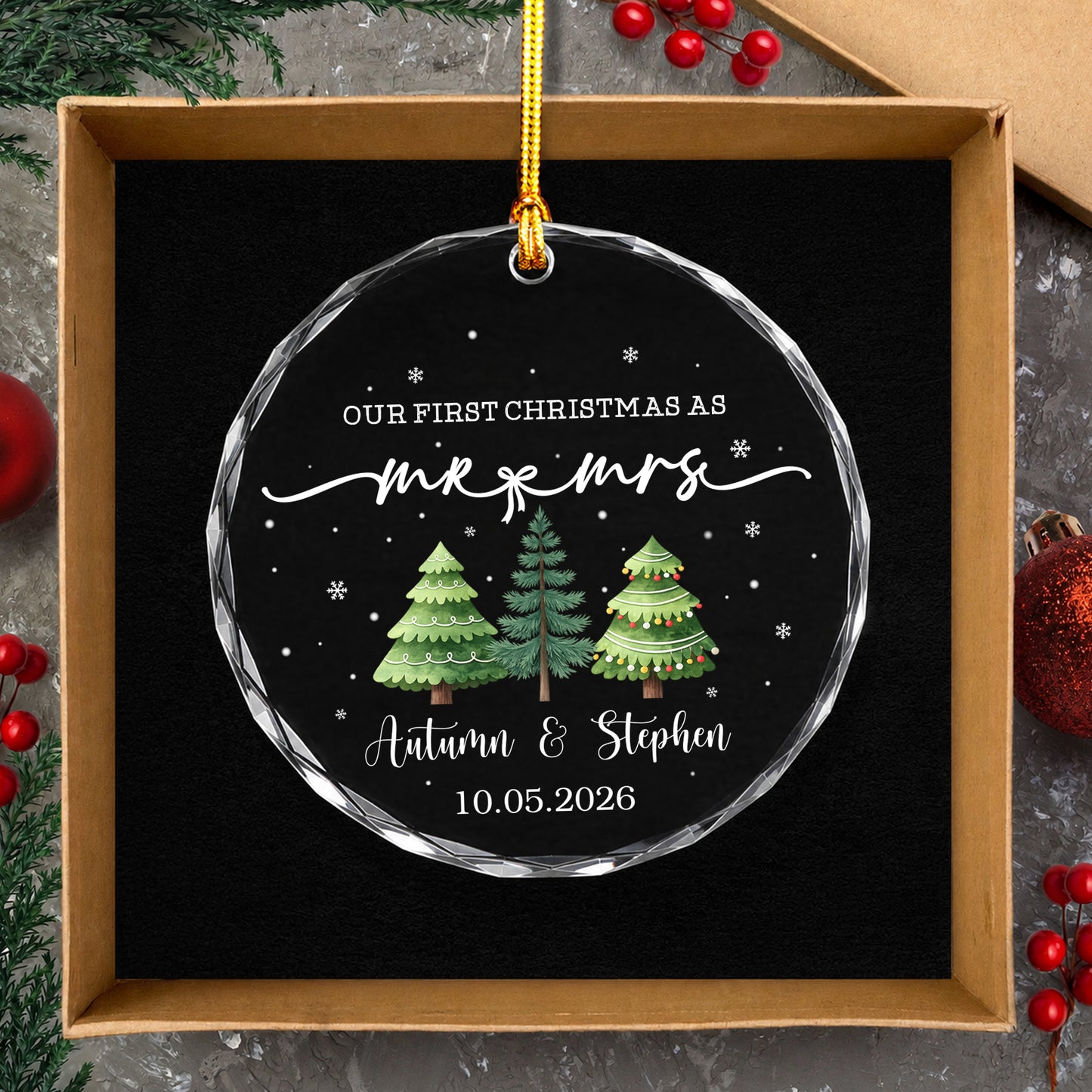 Our First Christmas As Mr & Mrs Pine Tree Glass Xmas Ornament 2026
