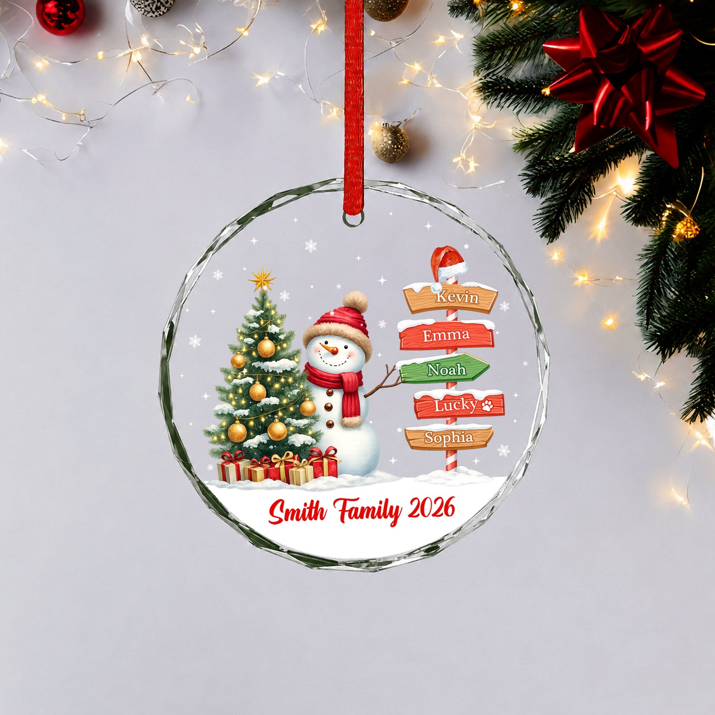 Custom Name Family Member Sign Snowman - Glass Ornament 2026 Xmas