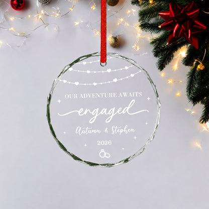 Our Adventure Engaged Custom Name Glass Ornament 2026 Xmas