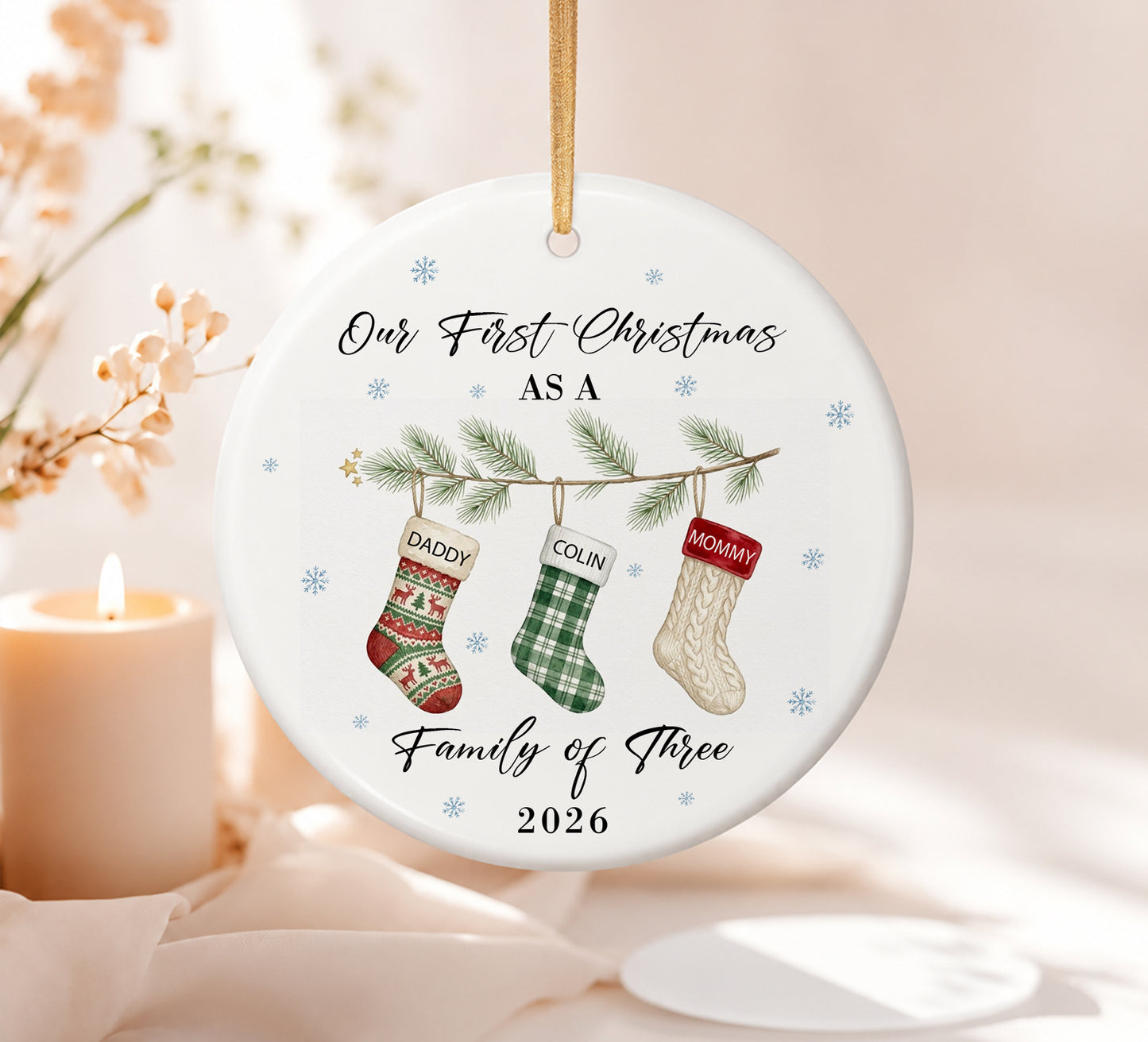Our 1st Christmas Family Of Three Ornament - Sock Pattern Custom Name Ceramic Ornament 2026