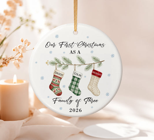 Our 1st Christmas Family Of Three Ornament - Sock Pattern Custom Name Ceramic Ornament 2026
