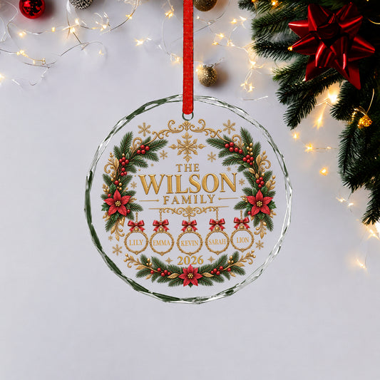 Personalized Christmas ornament engraved with family name, custom-named glass ornament, family and pet ornament, 2026 family keepsake.