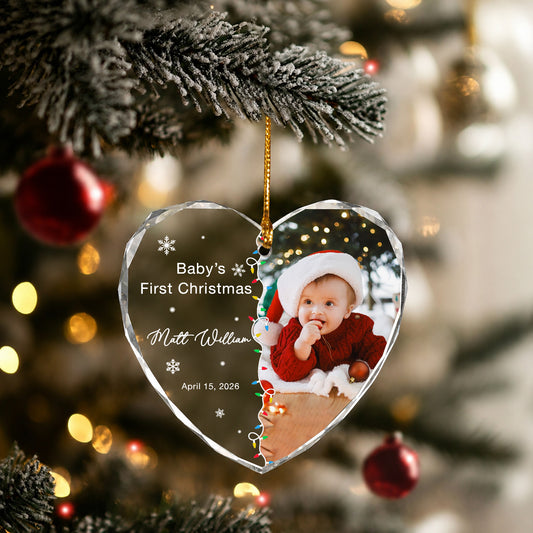 Baby 1st Christmas Ornament - Custom Name & Image Heart Glass Ornament 2026