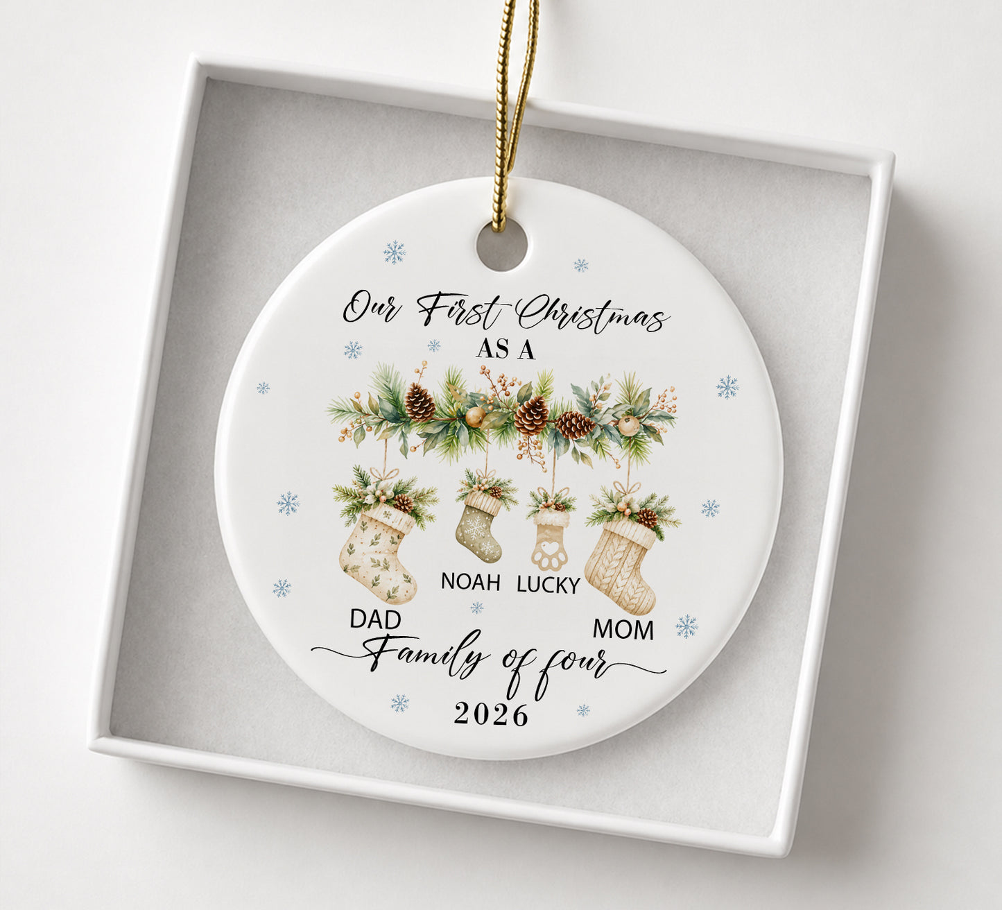 Our 1st Christmas Family Of Four Ornament - Sock Pattern Custom Name Ceramic Ornament 2026