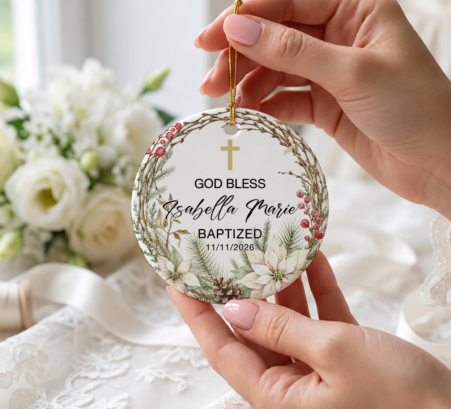 God Bless Custom Name Baptized - Custom Date Time Ceramic Ornament Xmas 2026