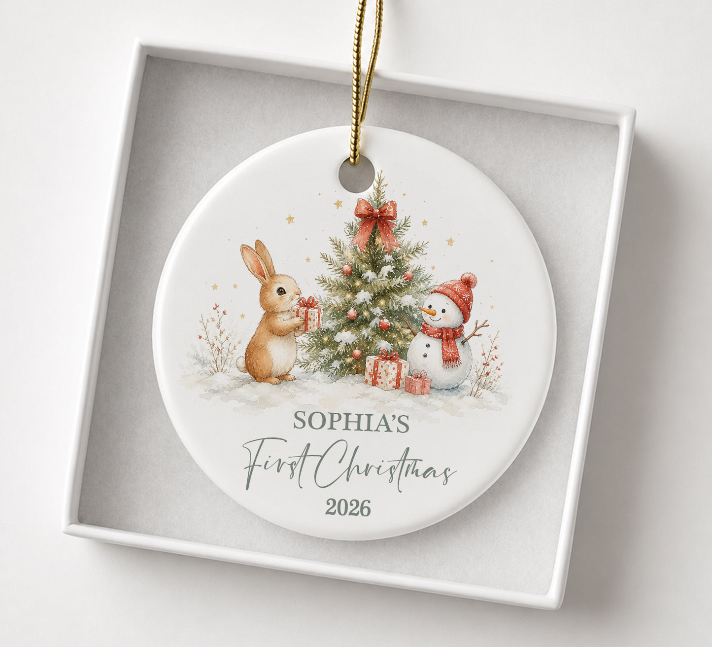Baby 1st Christmas Rabbit & Snowman Ornament - Custom Name Ceramic Ornament 2026