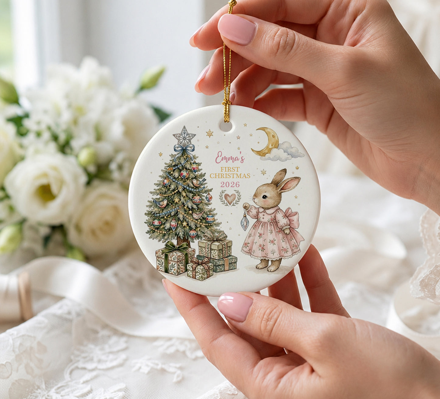 Baby 1st Christmas Ornament - Rabbit Girl Custom Name Ceramic Ornament 2026