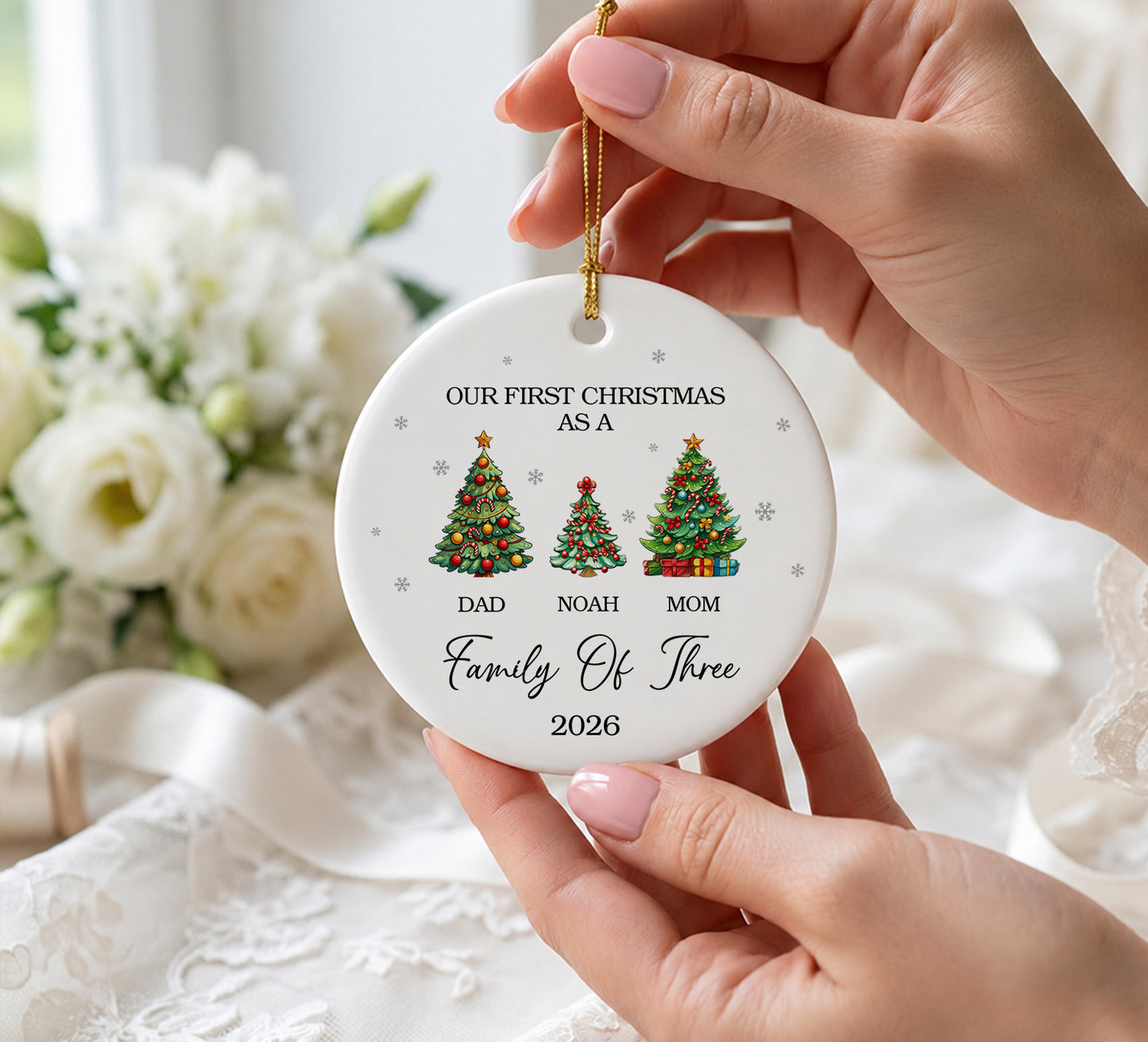 Our 1st Christmas Family Of Three Ornament - Pine Tree Pattern Custom Name Ceramic Ornament 2026