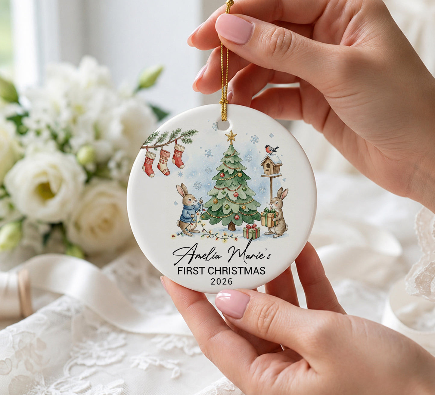 Baby 1st Christmas Ornament - Rabbit Pine Custom Name Ceramic Ornament 2026