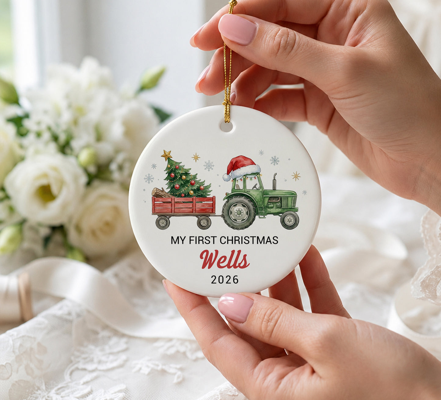 My 1st Christmas Ornament - Tractor Custom Name Ceramic Ornament 2026