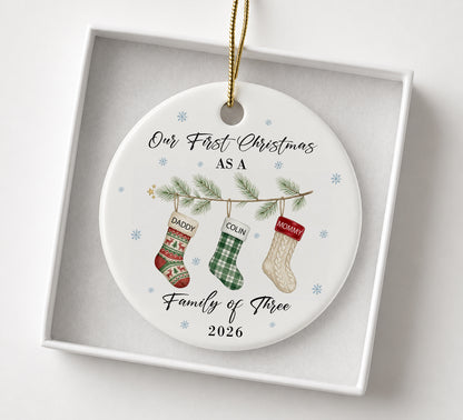 Our 1st Christmas Family Of Three Ornament - Sock Pattern Custom Name Ceramic Ornament 2026