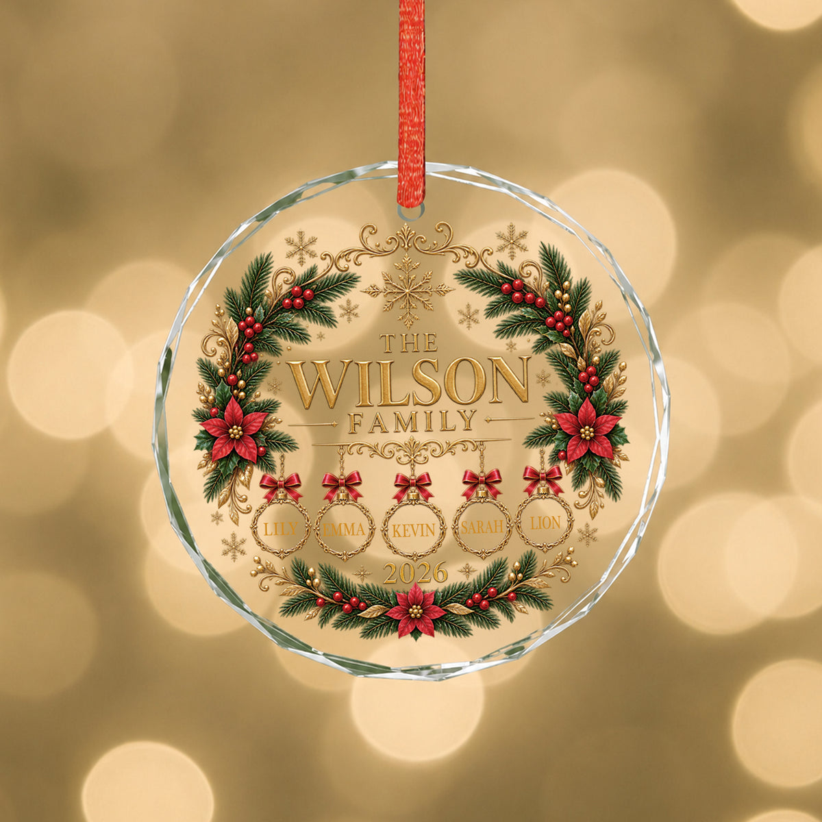 Personalized Christmas ornament engraved with family name, custom-named glass ornament, family and pet ornament, 2026 family keepsake.