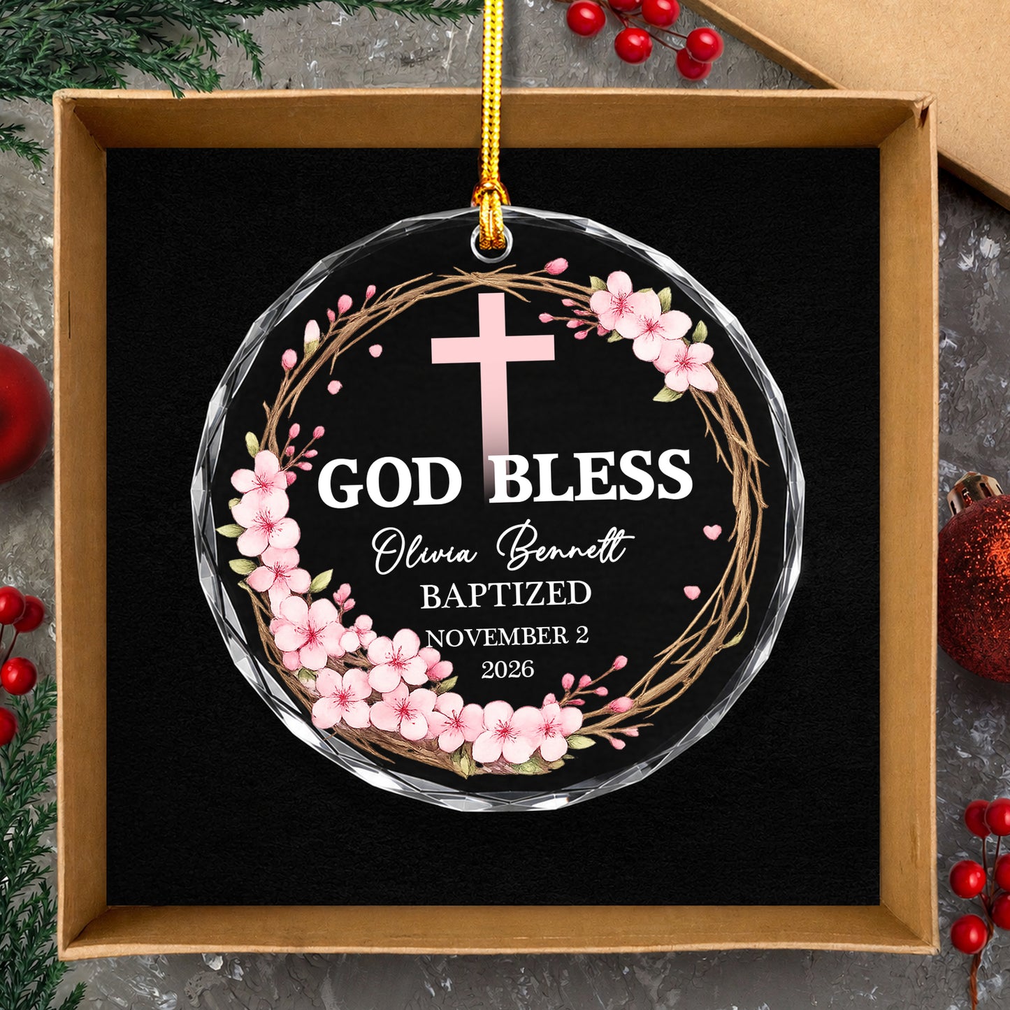 God Bless Custom Date Time & Name Christian Glass Ornament Xmas 2026